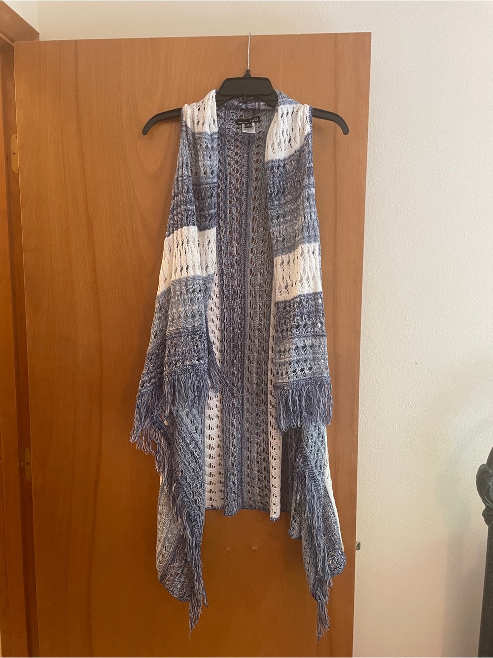 RXB Blue and White Knit Open-Front Poncho Shrug with Fringe